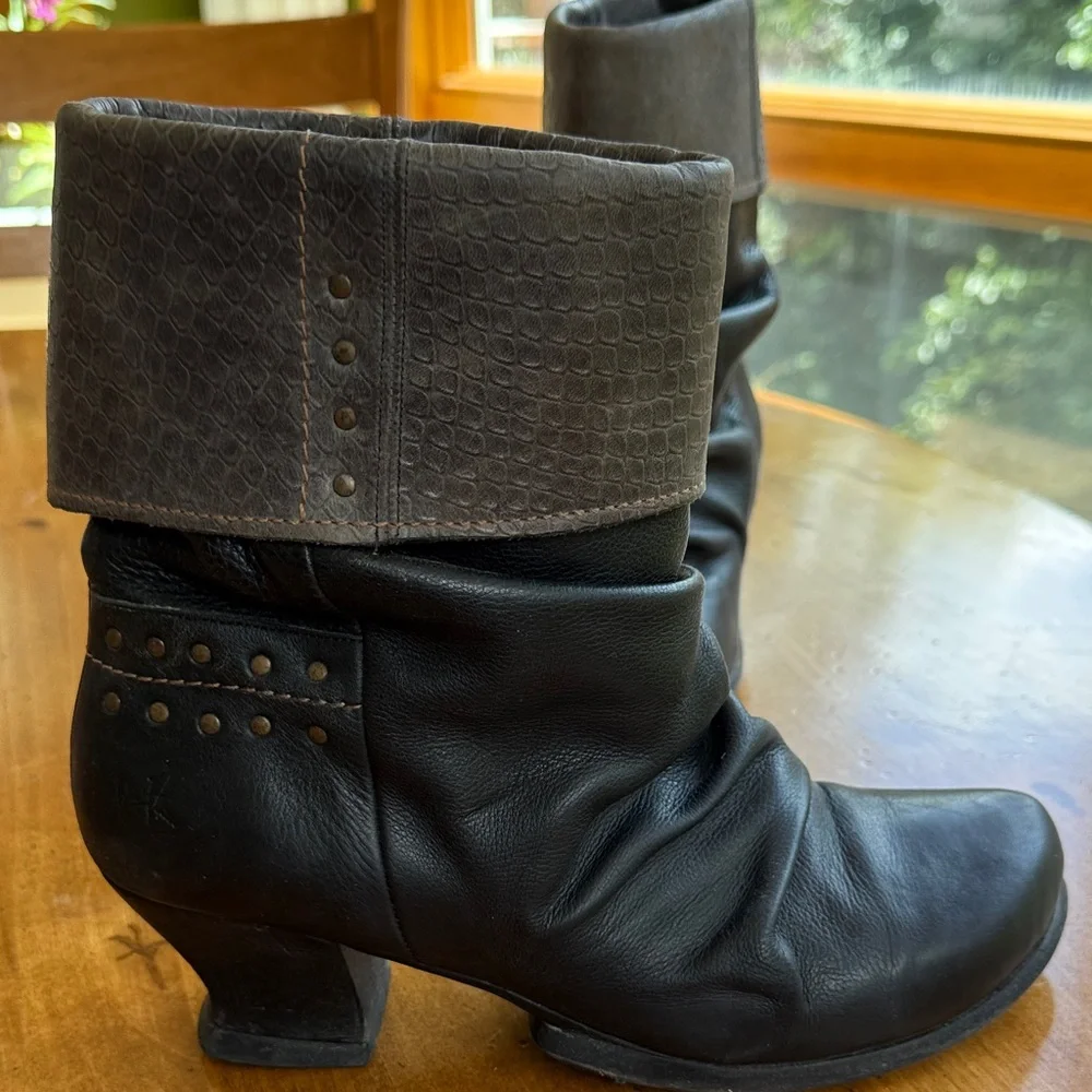 John Fluevog Black and Grayish Heeled Boots - Picture 2 of 4